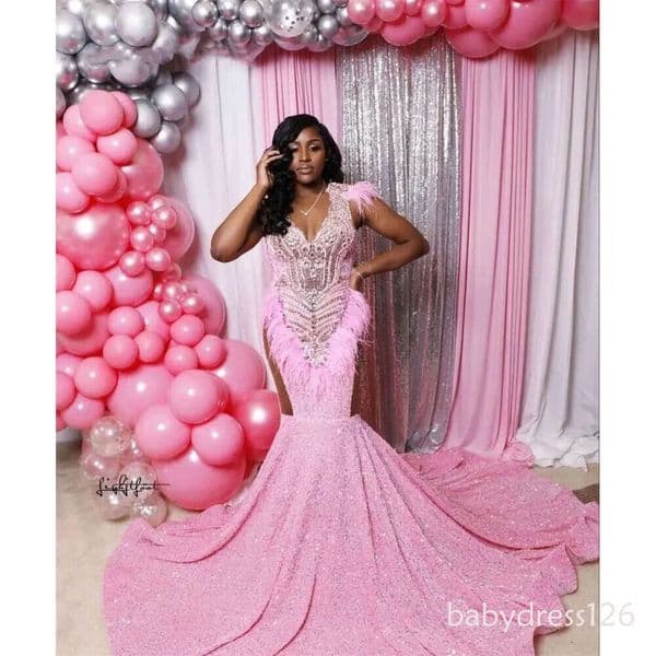 Luxury Pink Sequin Feather Mermaid Prom Dresses 2026 Black Girl Elegant Sparkly Beaded Plus Size Evening Occasion Gowns Vestidos De Novia