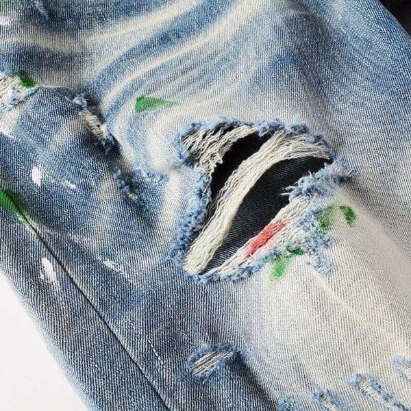 Designer Fashion New Men's Painted Perforated Patch Washed Nostalgic Stretch Body Retro Light Blue Jeans Hip Hop Brand Pan 26L0520