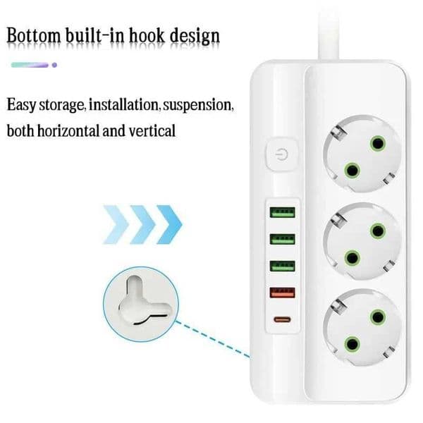 EU Plug Power Strip 3/4/5/6 Socket 2500W Electrical Outlet with 4 USB 1 Type-C Ports 2m Extension Cord Adapter 21a Charging T260520