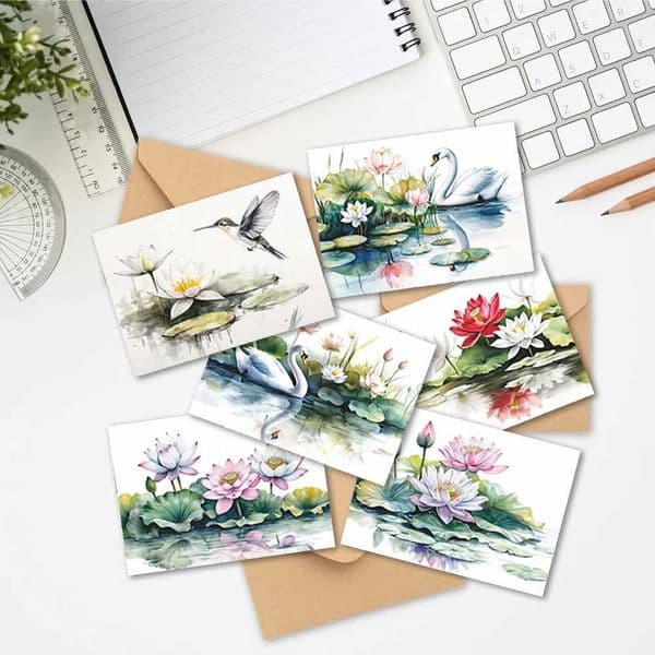 24pcs Watercolor Style Lotus Animal Greeting Cards Set with Envelopes DIY Invitation Cards Multifunctional Fun Express Love L260520