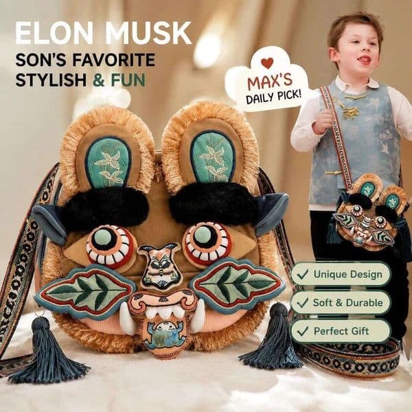 Musk's Son's Bags Tote Shoulder Bags The Same Chinese-Style Trendy Tiger Head As Worn With Elaborate Stitching Embroidery, Cartoon Shoulder And Crossbody Bag