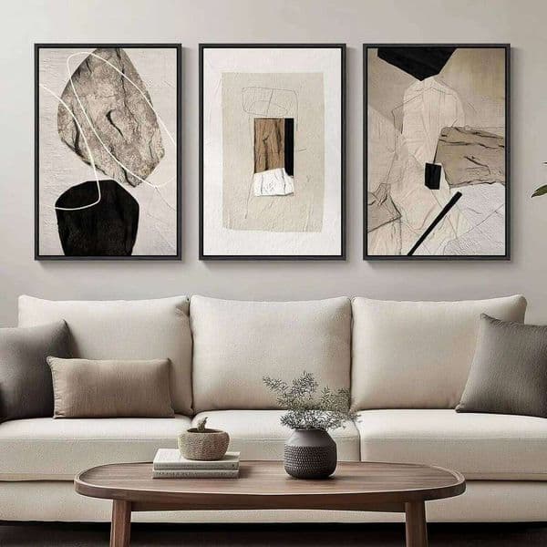 Set of 3 Modern Abstract Canvas Prints in Black and Beige, Neutral Wall Art for Living Room, Bedroom, Office Decor 16x24 Inch J260520