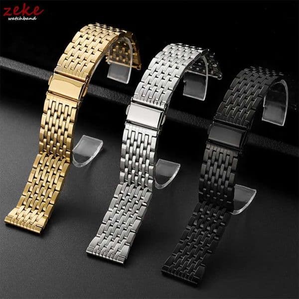 Stainless Steel Watch Band 18mm 20mm 22mm Metal Bracelet Folding Buckle Universal Watch Strap Silver Gold Black for Men Women L260520