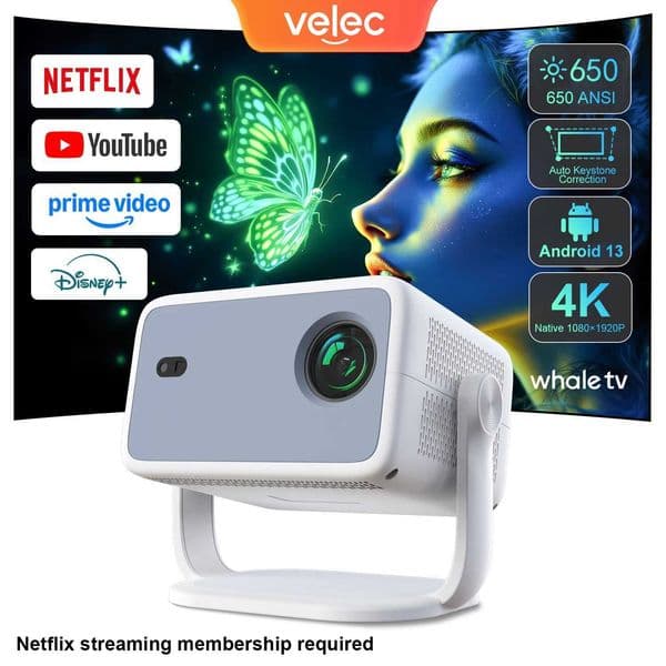 Velec TP350 NTV Projector Compatible with Netflix 650ANSI Android 13 Native 1080P With Auto Focus Smart Home Outdoor Projector T260520