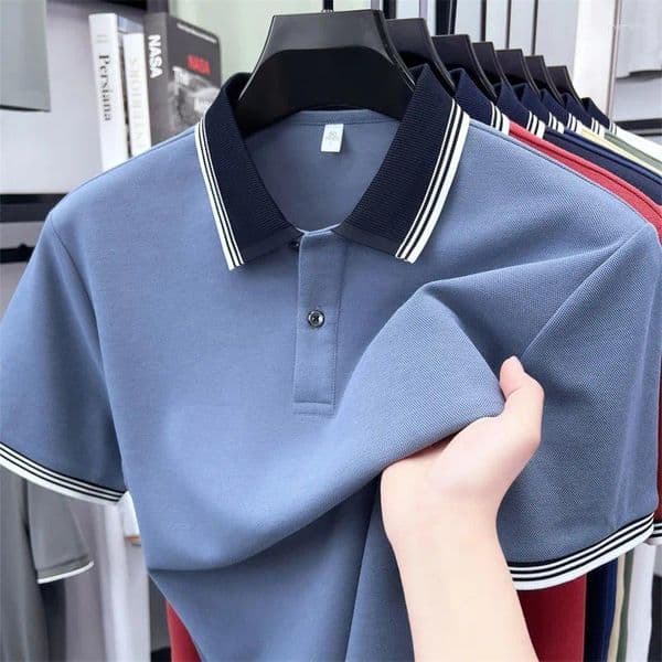 Men's Polos High End Brand Silk Cotton Short Sleeve Polo Shirt Korean Casual Fashion T-shirt Summer Breathable Striped Design Top