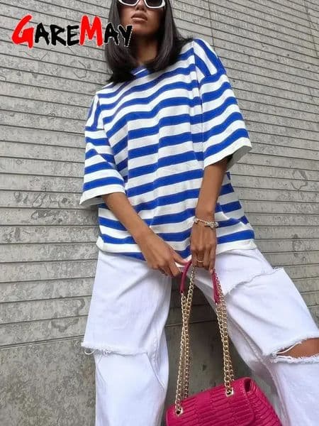Garemay Striped Cotton T-shir with Print Short Sleeve Vintage Oversized T Shirts Basic Summer Top Black T-shirt for Women 260513