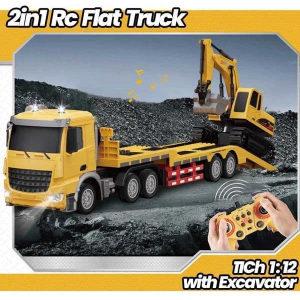 1/12 Rc Flat Truck with Excavator 11Ch Alloy Engineer Vehicle 24G Remote Control Car Radio Controlled Trailer Toys for BoyR260604
