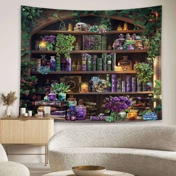 Gothic Skull Tapestry 59Wx51H Inch Witchy Spooky Goth Vintage Wizard Magical Bookshelf Black Unique Mysterious Cool Home Decor 26W0519