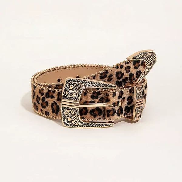 Luxury Brand Designer Retro Leopard Print Flapper-style Belt For Women With Metal Engraving And Decorative Design. This Belt Complements Dresses And Jeans.