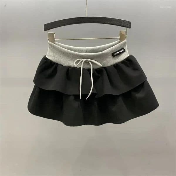 Designer Womens Skirts Ribbon Half-length Skirt Drawstring Elastic Waist Casual Black Women Sweet High Slim A-line Puff Cake Short Y2k Dress