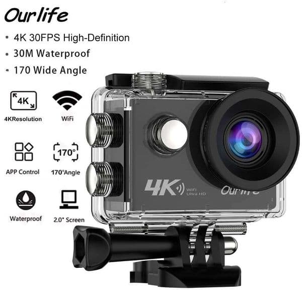 Ourlife Q100 4K Action Ultra HD 16MP Wi-Fi 2.0" Screen 170D DVR Webcam Underwater 30M Helmet Video Recording Sport Camera 26L0520