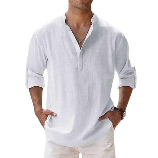 Cotton Linen Hot Sale Men's Short-Sleeved Shirts Summer Solid Color Henley Collar Casual Beach Style Hawaiian Vacation W260520