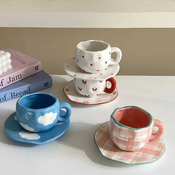 Design Nordic Style Hand-Painted Ceramic Coffee Cup and Saucer Multi-Color Plaid Heart Blue Sky and White Clouds Fl H260520