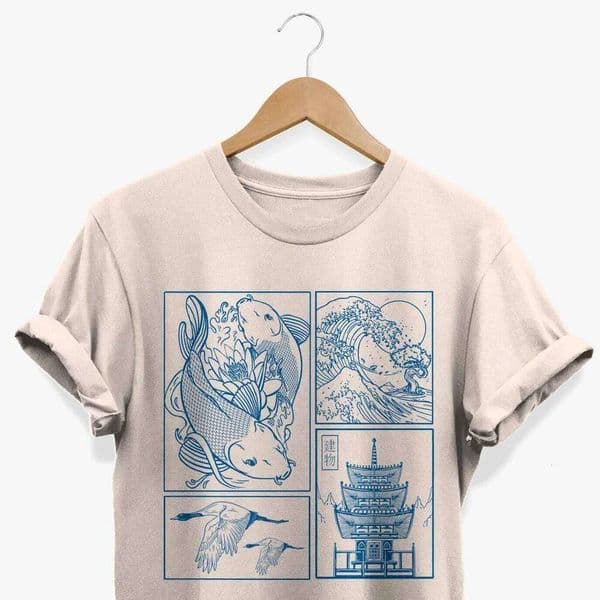 Vintage Japanese Graphic T-Shirt Koi Wave Pagoda Line Art Retro Streetwear High-quality Crew-neck Short-sleeved Men's T-shirt