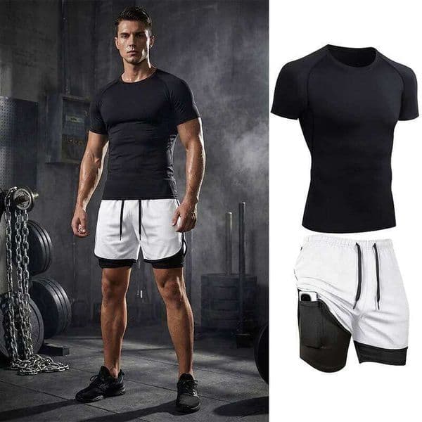 Men's Piece Set Gym Athletic Workout Running Sportswear Short Sleeve Compression Shirt T-shirt 2 in 1 Shorts with Phone Pocket 26Y0520
