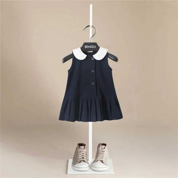 Girls Dress Summer Party Sleeveless Plaid Dress Cotton Kids Dresses College Style Pleated Skirt Navy Blue New Year CostumesZHR260520