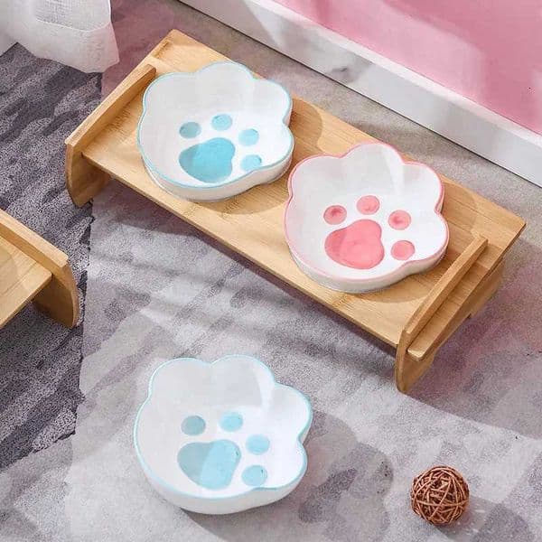 Dog Cat Pets Double Bowl Food Water Feeder Stand Raised Ceramic Dish Bowl Wooden Table Paw Shape Dog Feeder Pet SuppliesZHR260520
