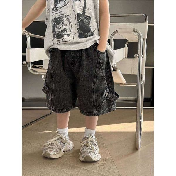 4-14 Years Summer Boys Shorts Solid Color Fashion Splicing Back handsome Denim Workwear Pants Birthday Gifts Children Clothing 26W0520