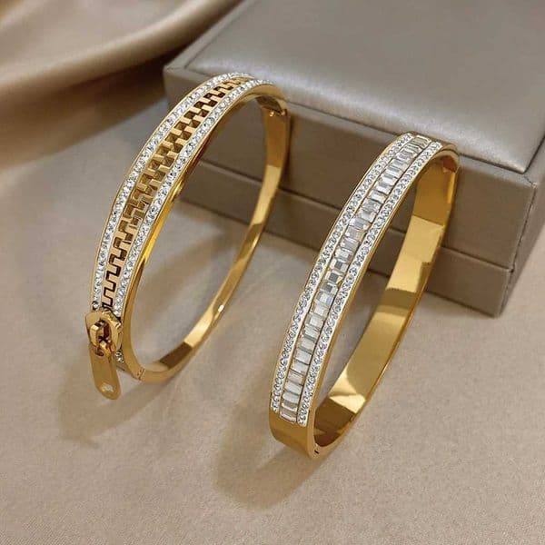 Lifefontier Stylish Stainless Steel Jewelry Zippers Bangle Fine Single-layer Half-sided Small Square Rhinestone Open H260520