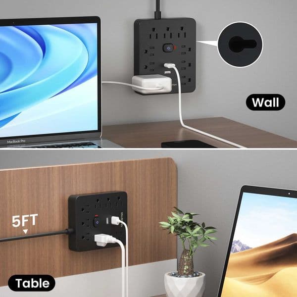 5-Foot power strip Power Outlet with Surge Protector 9 ac 3 USB Ports Extension Cord Quick Charge for Home and Office T260520