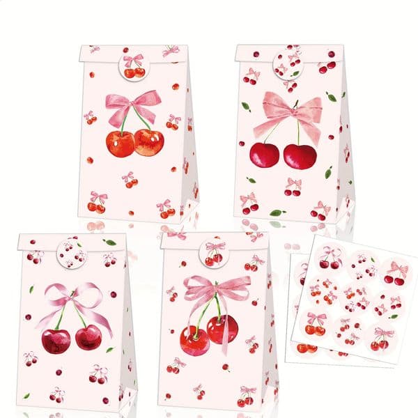A pack of 12 cherry party gift bags pink paper gift bags with adhesive labels summer fruit party birthday party supplies 260520