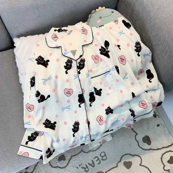 Love Cat Bow Tie Dot Print Kawaii Set 2 Piece Woman Pajamas Harajuku Style Sweet Cute Womens Pajamas Casual Spring Sleepwear M260520