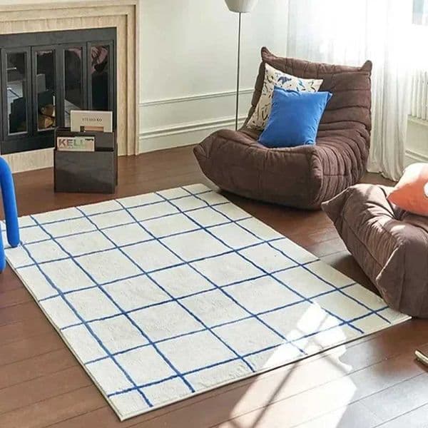 VIKAMA Ins Girl Carpet Living Room Simple Advanced White Blue Korean Plaid Sofa Tea Table Bedroom Bed Blanket Home Decoration L260519