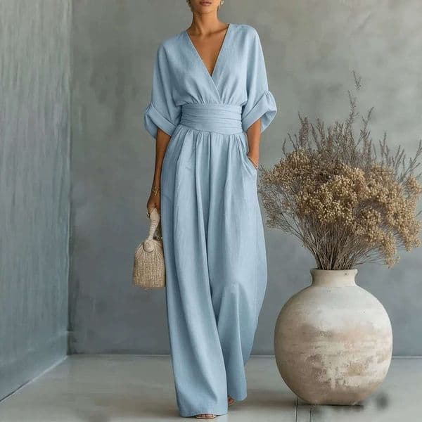 2026 European And American Cross-Border Summer New Amazon Elegant Waist-Cinching V-Neck Stylish Women's Jumpsuit V-Neck Dress Short-Sleeved Dress Sexy Dress