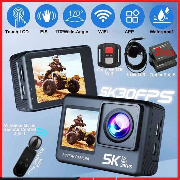 5K 4K60FPS Action 50MP 2" Touch Dual Screen 5X Zoom Wi-Fi EIS 170 DVR Webcam Wireless Mic 30M Waterproof Sport Camera 26Y0520