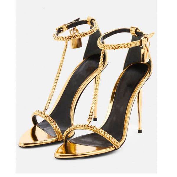 Designer Shoes 2026 New Foreign Trade Model European American Style Gold Women's Open-Toe High-Heel Sandals With Thin Heel Metal Chain And Pointed Toe High Heels