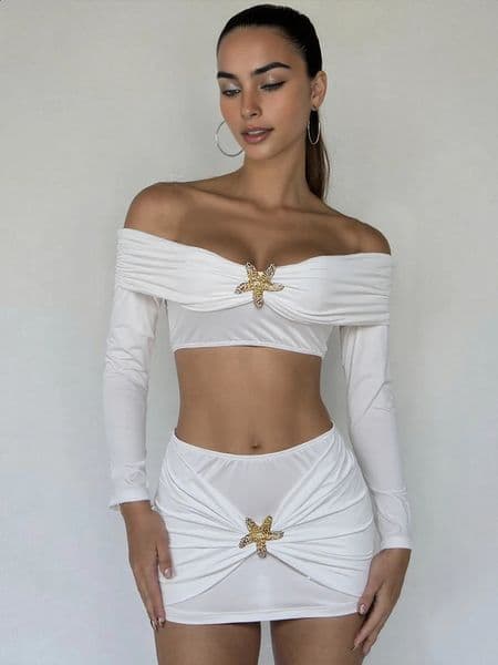 Nibber Hipster Metal Starfish Decoration 2 Piece Set Women Slash Neck Backless Crop TopsRuched Mini Skirt Street Elegant Suit 260520