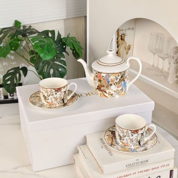 Winter Garden Flower and Bird Pattern Bone China Mug Coffee Cup Saucer Afternoon Teapot Double Cup Saucer Pot Full Set