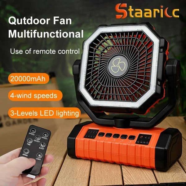 Head Shaking Portable Hook Camping Fan 20000mAh Rechargeable with LED Night Light 4 Speed Outdoor Tent Fan Remote Control Timing T260520