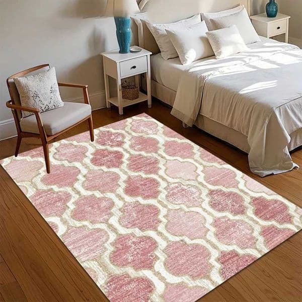 Elegant Blush Pink Quatrefoil Area Rug with Distressed Finish Non Slip Floor Carpet for Nursery Bedroom Living RoomZHR260520