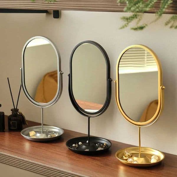 Dressing table makeup mirror home master bedroom light luxury beauty mirror desktop oval vertical wrought iron mirrorT260520