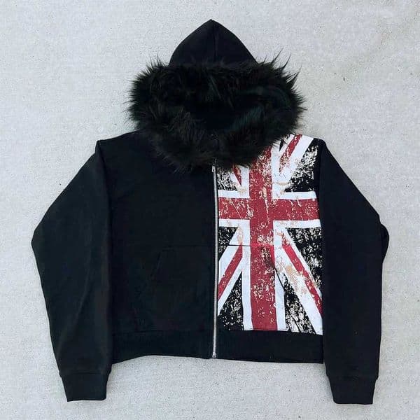 Retro Y2K Ins Fur Collar Printed Zipper Sweatshirt Long Sleeved Pullover Hoodie Street Trend Casual Retro Jacket L260519