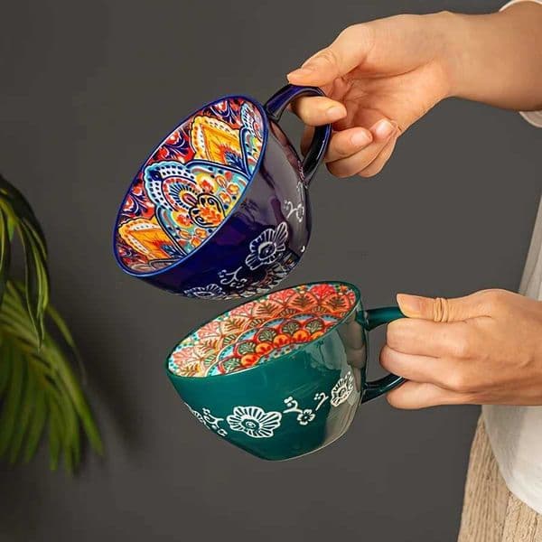 1pc 450ml/15oz Bohemian Ceramic Coffee Mug Boho Style Underglaze Ceramic Breakfast Cup Multicolor Porcelain Cup for Matcha Latt H260520