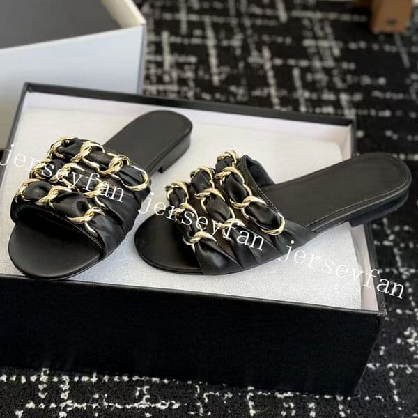 Women Genuine Leather Slide Sandals with Gold Chain Detail Flat Open-Toe Mules 34679
