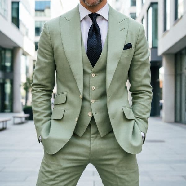 Sage Green Linen Men Wedding Tuxedo 3 Piece Prom Suit Summer Lightweight Slim Fit Blazer Vest Pants Set Breathable Formal Party