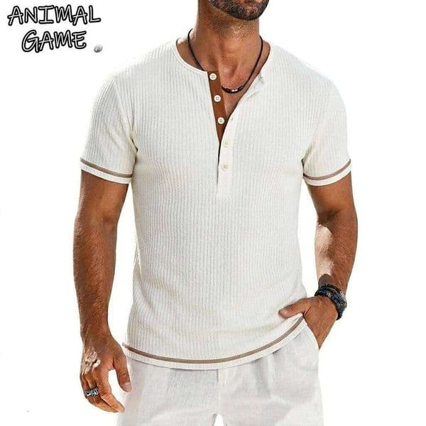 Summer Luxury T-Shirts for Men Casual Hawaiian Shirts Henley Shirt Beach Short Sleeve Breathable TShirts Gym Fitness Stripes Tee W260520