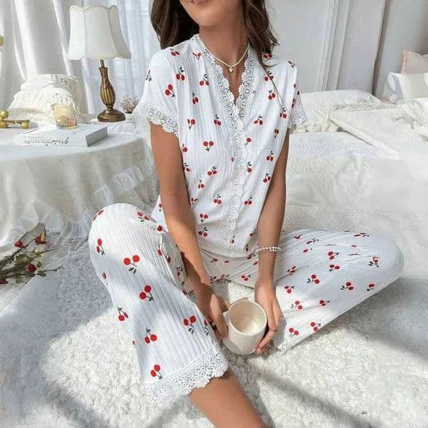 Lace Trim Women Pajama Set Short Sleeve Front Button Top Full-Length Pants Cherry Print 2 Pieces Sleepwear Nightwear Homewear M260520