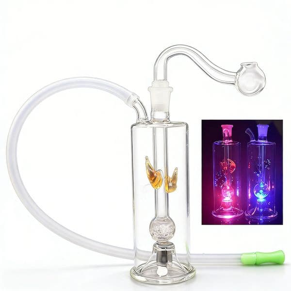 MINI Glass Oil Burner Bubblers Bong Mini Water Pipes With 3 Change colorful Led Light Glass Percolator Bubbler with smoking banger Bowl and Soft Silicone Mouthpiece