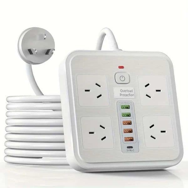 AU Plug power board with 5 USB ports 1 Type C port Power adapter socket Overload protection Network filter 2 m cable black White T260520