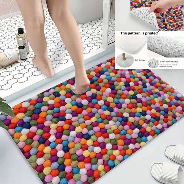 Colorful Pompom Pattern Bath Mat Soft Flannel Non-Slip Rug Decorative Floor Carpet for Bathroom Living Room Bedroom Kitchen L260519