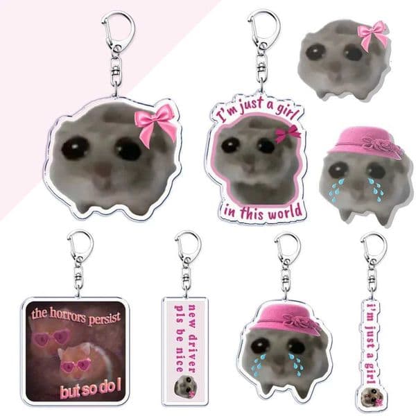 Fun Meme Im Just A Girl Sad Hamster Keychain Cartoon Game Acrylic Key Chain Ring Bag Backpack Charm Car Keyring Pentend Gift M260520