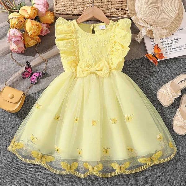 Dress For Girls Yellow O-Neck Fly-Sleeve Tulle Bowknot 8-12 Years Summer Elegant Sweet Style Princess Dress kids ClothingZHR260520