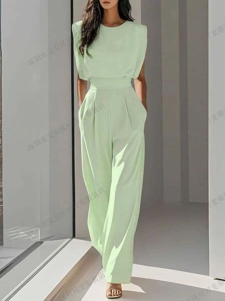 New Womens Fashionable Jumpsuit With Solid Color Temperament Waist Cinched Summer Round Neck High Waisted Sleeveless JumpsuitT260520