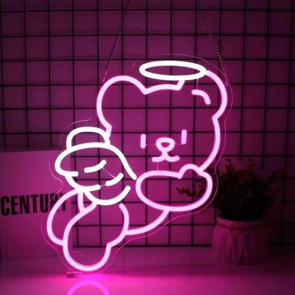 Bear Angel Neon Sign - Cute Bear Face LED Light with Hanging Chains Pink Glow Wall Decor for Bedroom Birthday Party oom - No H260520