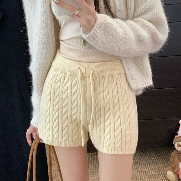 Womens Knitted Shorts Drawstring Elastic Waist Soft Breathable Loose High Waist Female Casual Knitting Mini Shorts X260520