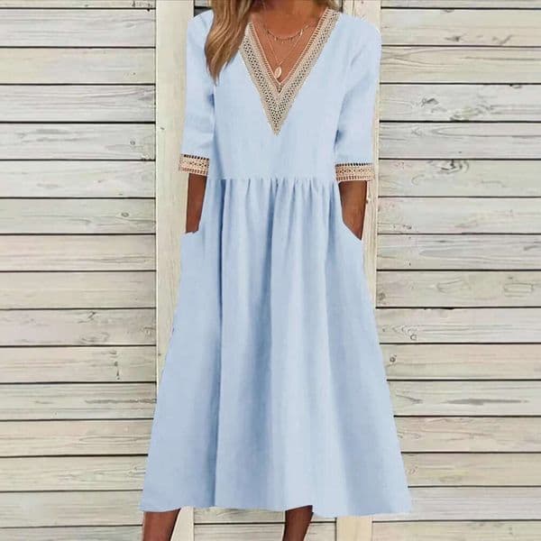European American women's dress, Amazon plus-size loose cotton-linen with lace collar and three-quarter sleeves, mid-length dress